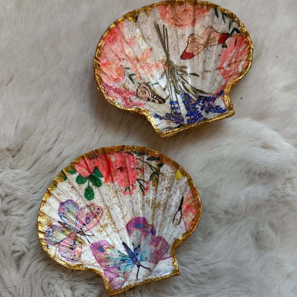 Hand-Painted Decorative Shell Trinket Dishes - Pink & Gold Floral